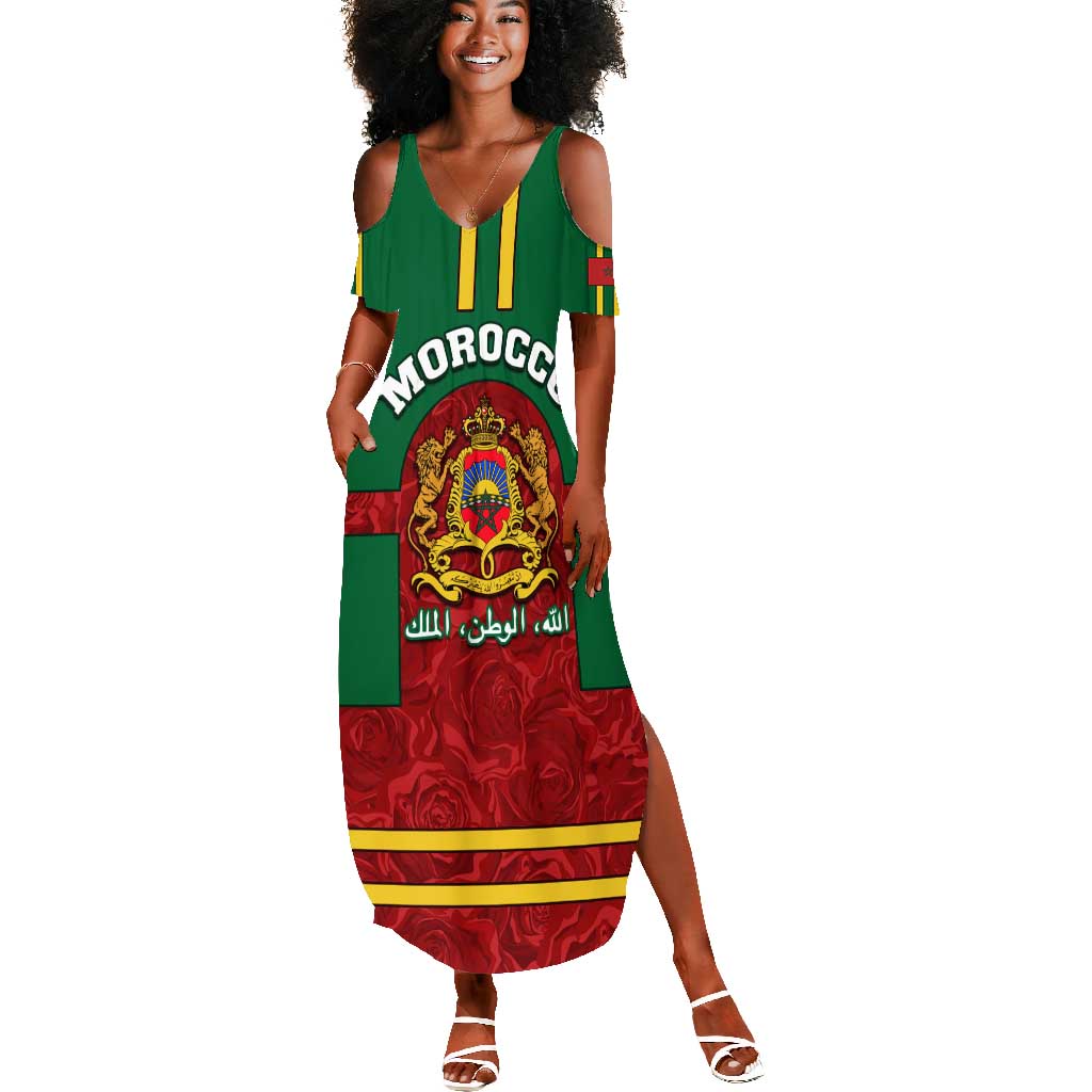 Morocco Proclamation Day Summer Maxi Dress with Marruecos Coat of Arms and Roses Pattern