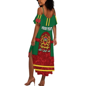 Morocco Proclamation Day Summer Maxi Dress with Marruecos Coat of Arms and Roses Pattern