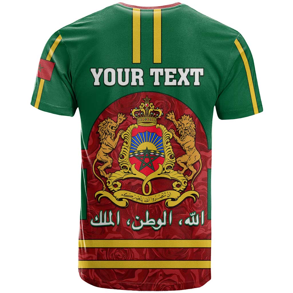Morocco Proclamation Day T shirt with Marruecos Coat of Arms and Roses Pattern