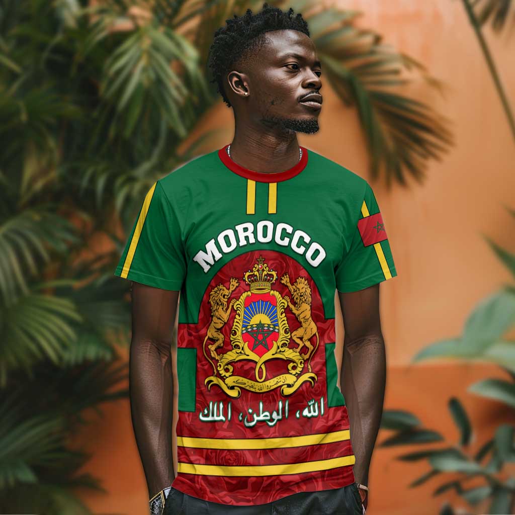 Morocco Proclamation Day T shirt with Marruecos Coat of Arms and Roses Pattern