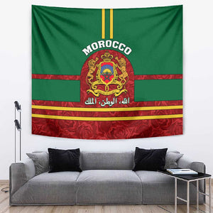 Morocco Proclamation Day Tapestry with Marruecos Coat of Arms and Roses Pattern