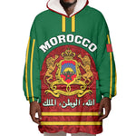 Morocco Proclamation Day Wearable Blanket Hoodie with Marruecos Coat of Arms and Roses Pattern