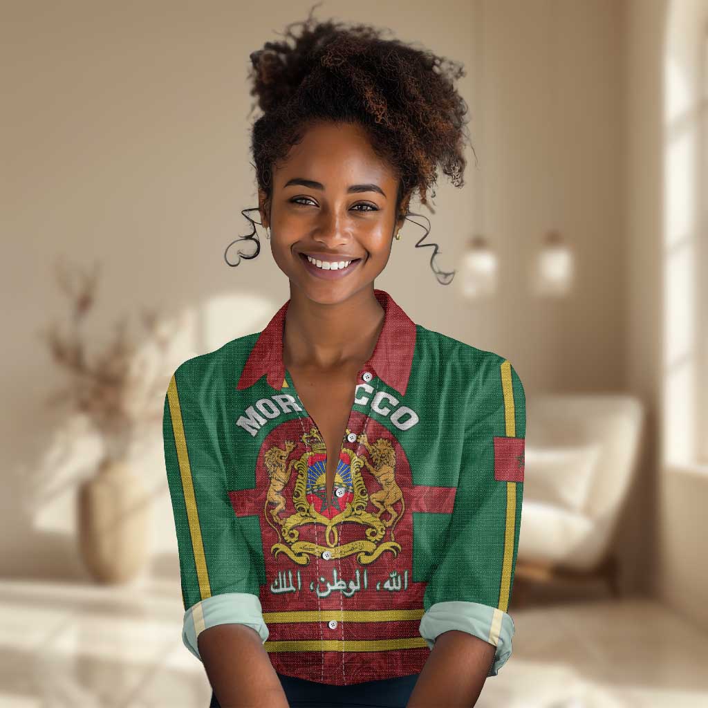 Morocco Proclamation Day Women Casual Shirt with Marruecos Coat of Arms and Roses Pattern