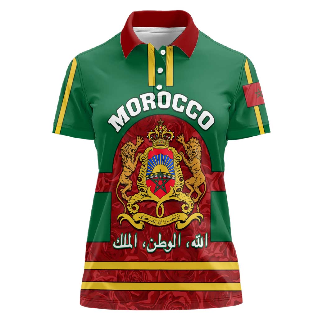 Morocco Proclamation Day Women Polo Shirt with Marruecos Coat of Arms and Roses Pattern