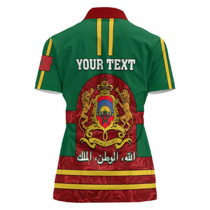 Morocco Proclamation Day Women Polo Shirt with Marruecos Coat of Arms and Roses Pattern