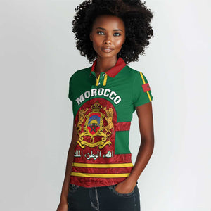 Morocco Proclamation Day Women Polo Shirt with Marruecos Coat of Arms and Roses Pattern