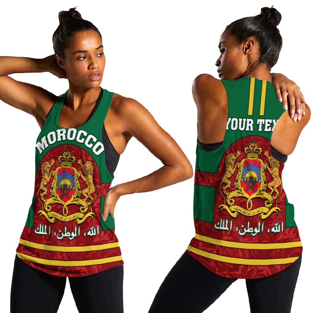 Morocco Proclamation Day Women Racerback Tank with Marruecos Coat of Arms and Roses Pattern