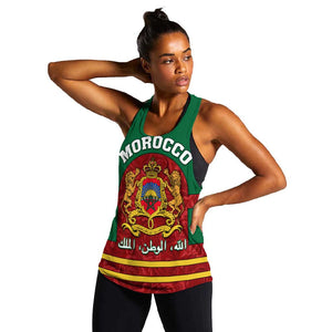 Morocco Proclamation Day Women Racerback Tank with Marruecos Coat of Arms and Roses Pattern