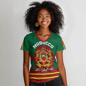 Morocco Proclamation Day Women V-Neck T-Shirt with Marruecos Coat of Arms and Roses Pattern