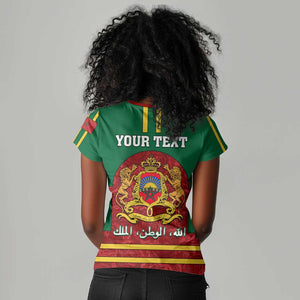 Morocco Proclamation Day Women V-Neck T-Shirt with Marruecos Coat of Arms and Roses Pattern