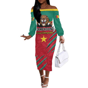 Support Les Lions Indomptables - Cameroon Football Off The Shoulder Long Sleeve Dress