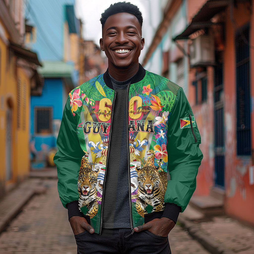 Personalized Guyana 60th Independence Day Sleeve Zip Bomber Jacket Diamond Jubilee