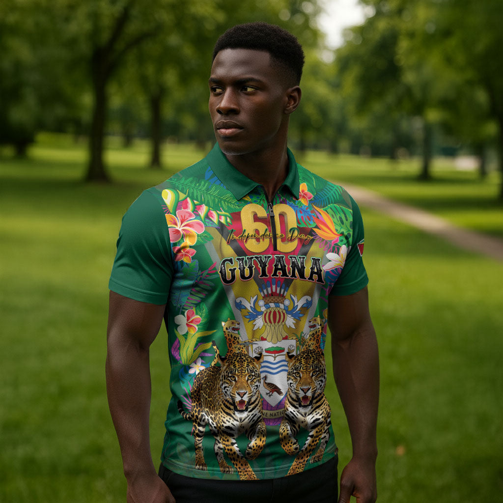Personalized Guyana 60th Independence Day Zipper Polo Shirt Diamond Jubilee