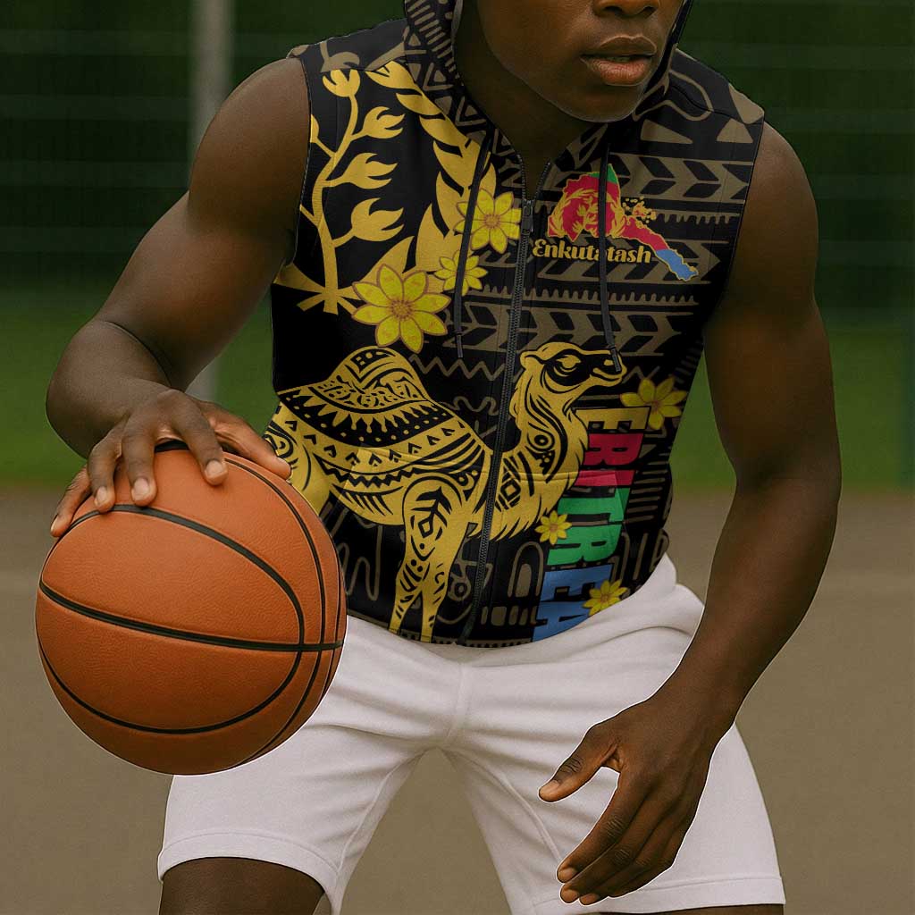 Enkutatash Eritrea New Year Sleeveless Zip Hoodie Eritrean Camel African Pattern - African Pride