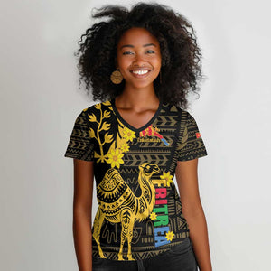 Enkutatash Eritrea New Year Women V-Neck T-Shirt Eritrean Camel African Pattern