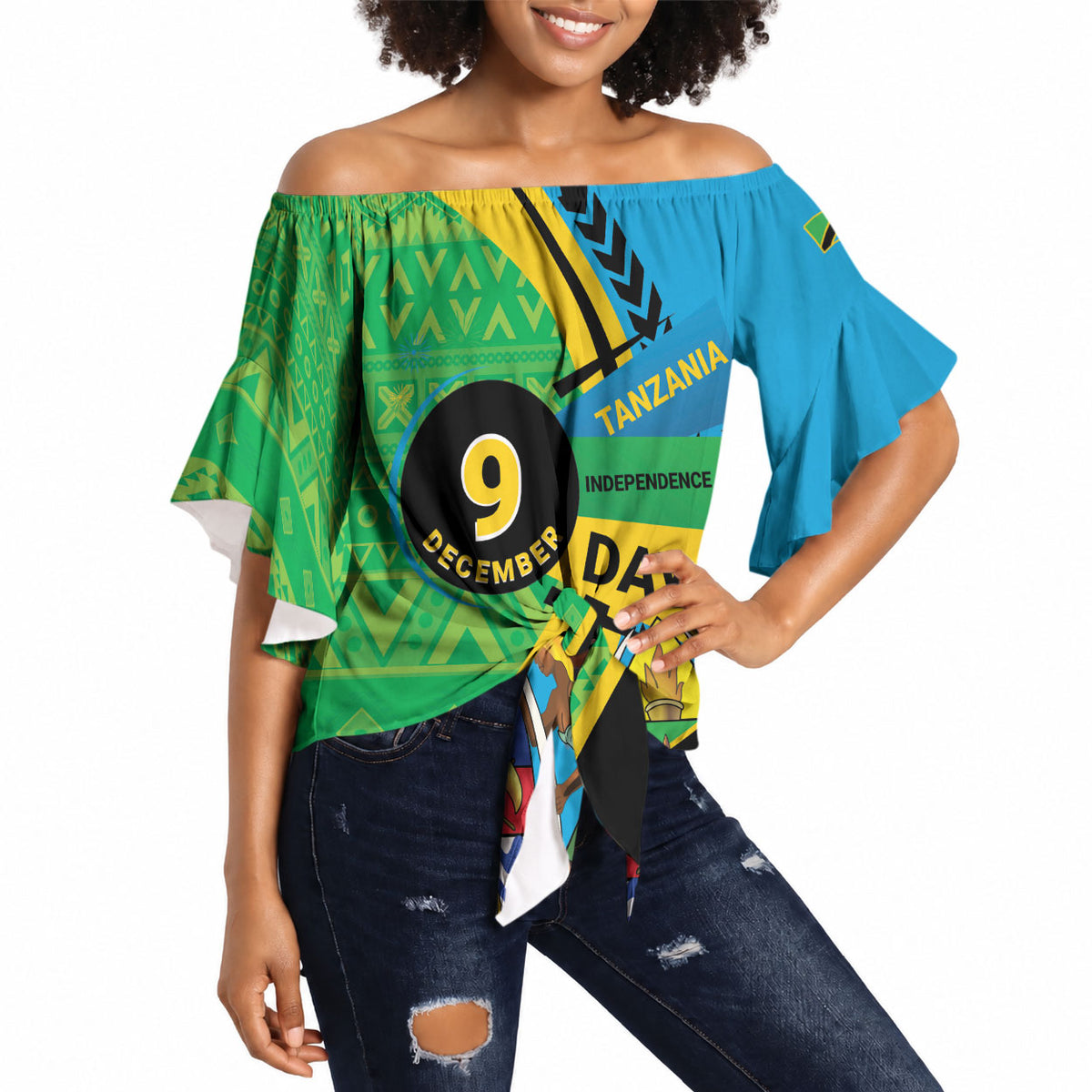 Personalized Tanzania African Pattern Off Shoulder Wrap Waist Top Happy Independence Day