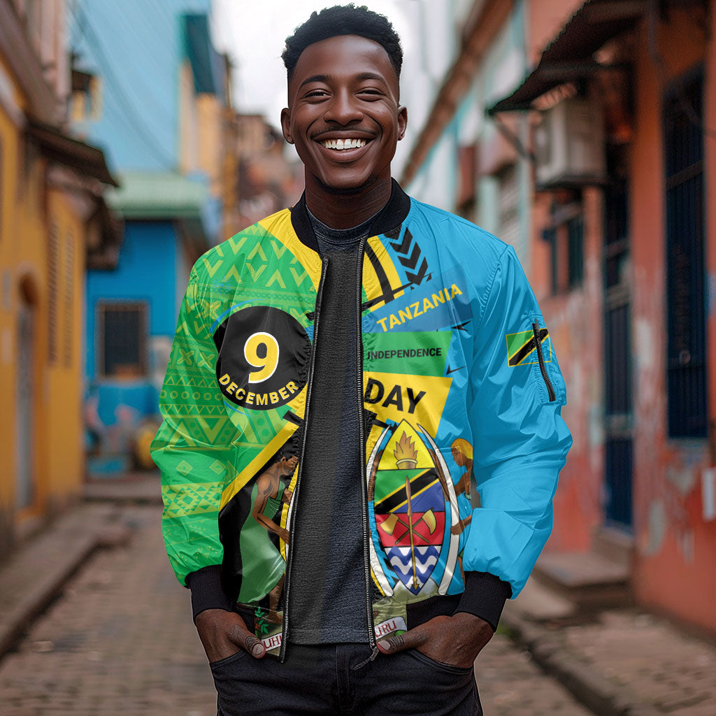 Personalized Tanzania African Pattern Sleeve Zip Bomber Jacket Happy Independence Day