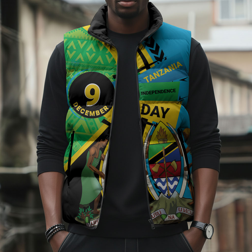 Personalized Tanzania African Pattern Sleeveless Puffer Jacket Happy Independence Day