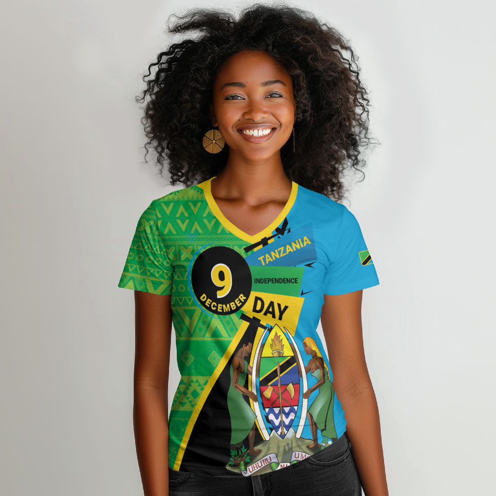 Personalized Tanzania African Pattern Women V-Neck T-Shirt Happy Independence Day