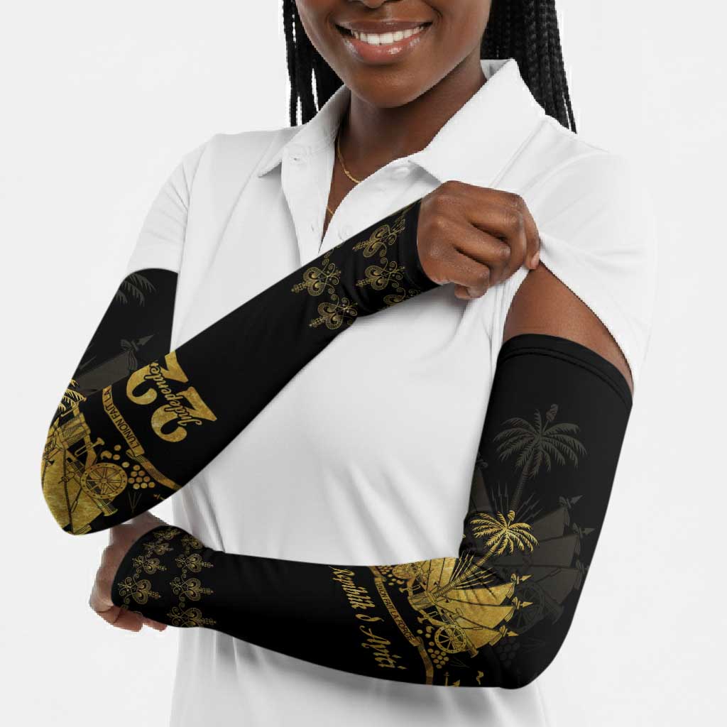 Ayiti 222nd Independence Day Anniversary Arm Sleeves Haiti Gold VeVe Pattern - African Pride