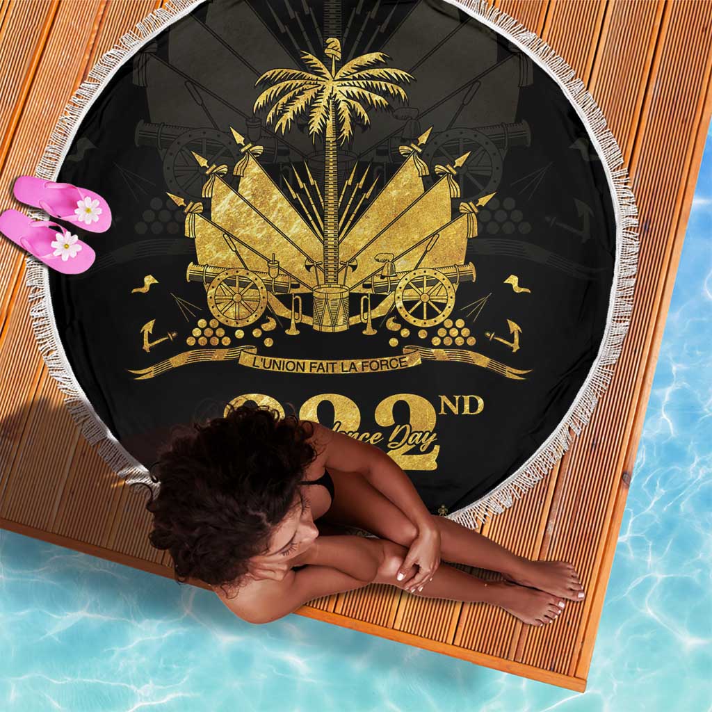 Ayiti 222nd Independence Day Anniversary Beach Blanket Haiti Gold VeVe Pattern - African Pride