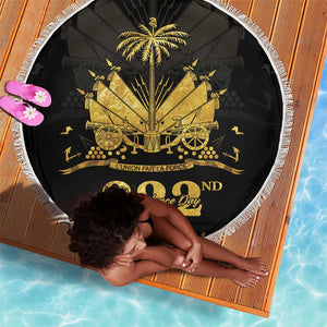 Ayiti 222nd Independence Day Anniversary Beach Blanket Haiti Gold VeVe Pattern - African Pride