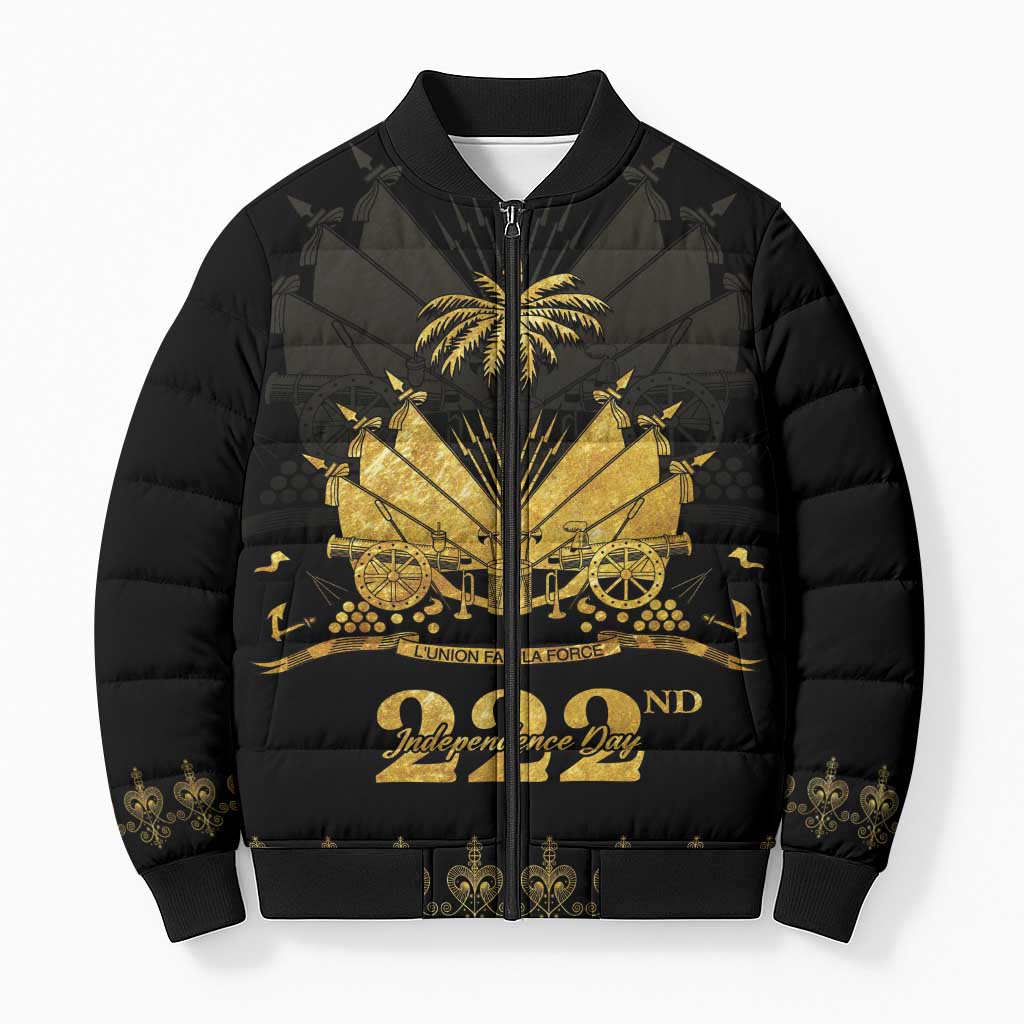 Ayiti 222nd Independence Day Anniversary Bomber Puffer Jacket Haiti Gold VeVe Pattern - African Pride