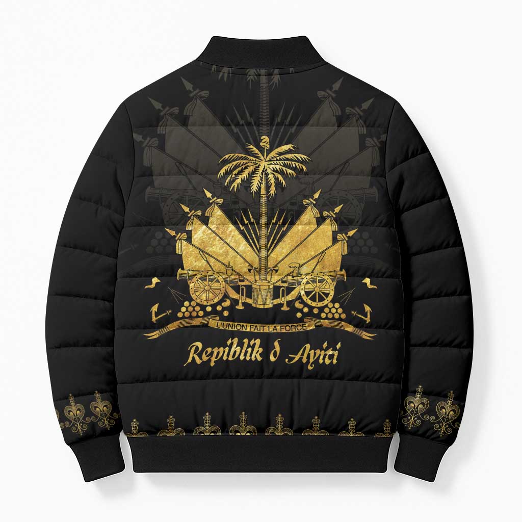 Ayiti 222nd Independence Day Anniversary Bomber Puffer Jacket Haiti Gold VeVe Pattern - African Pride