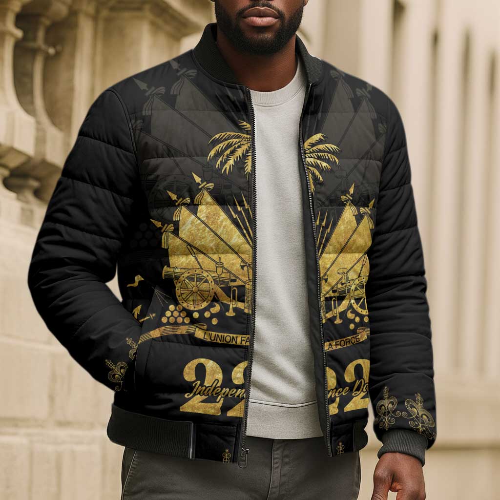 Ayiti 222nd Independence Day Anniversary Bomber Puffer Jacket Haiti Gold VeVe Pattern - African Pride