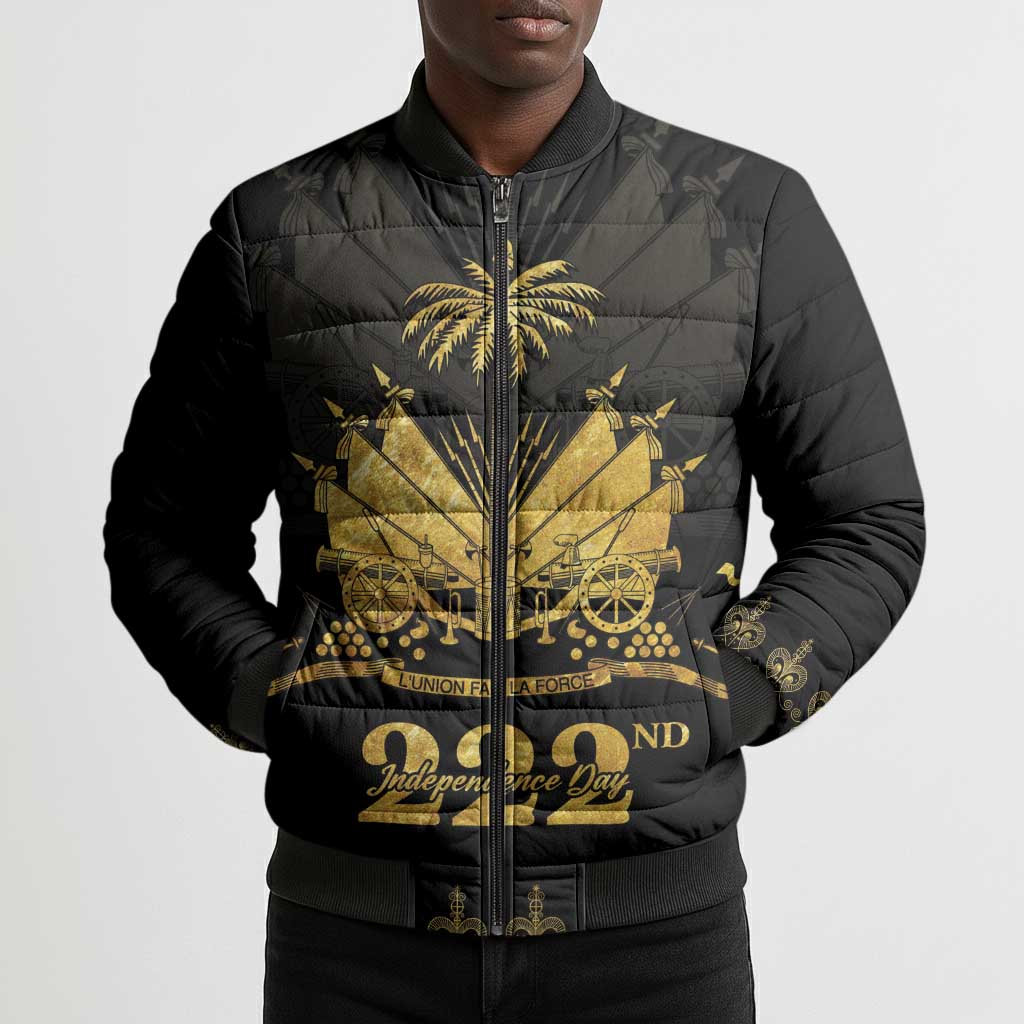 Ayiti 222nd Independence Day Anniversary Bomber Puffer Jacket Haiti Gold VeVe Pattern - African Pride