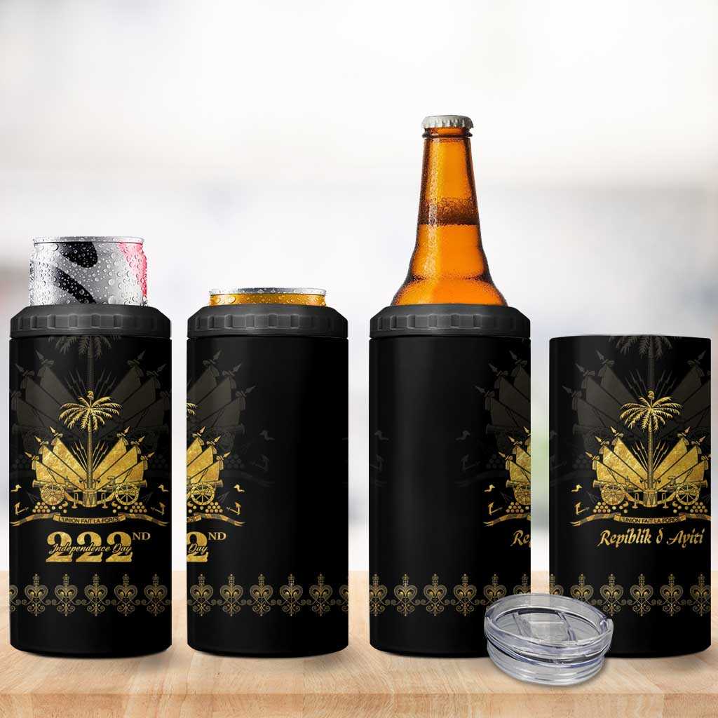 Ayiti 222nd Independence Day Anniversary 4 in 1 Can Cooler Tumbler Haiti Gold VeVe Pattern - African Pride