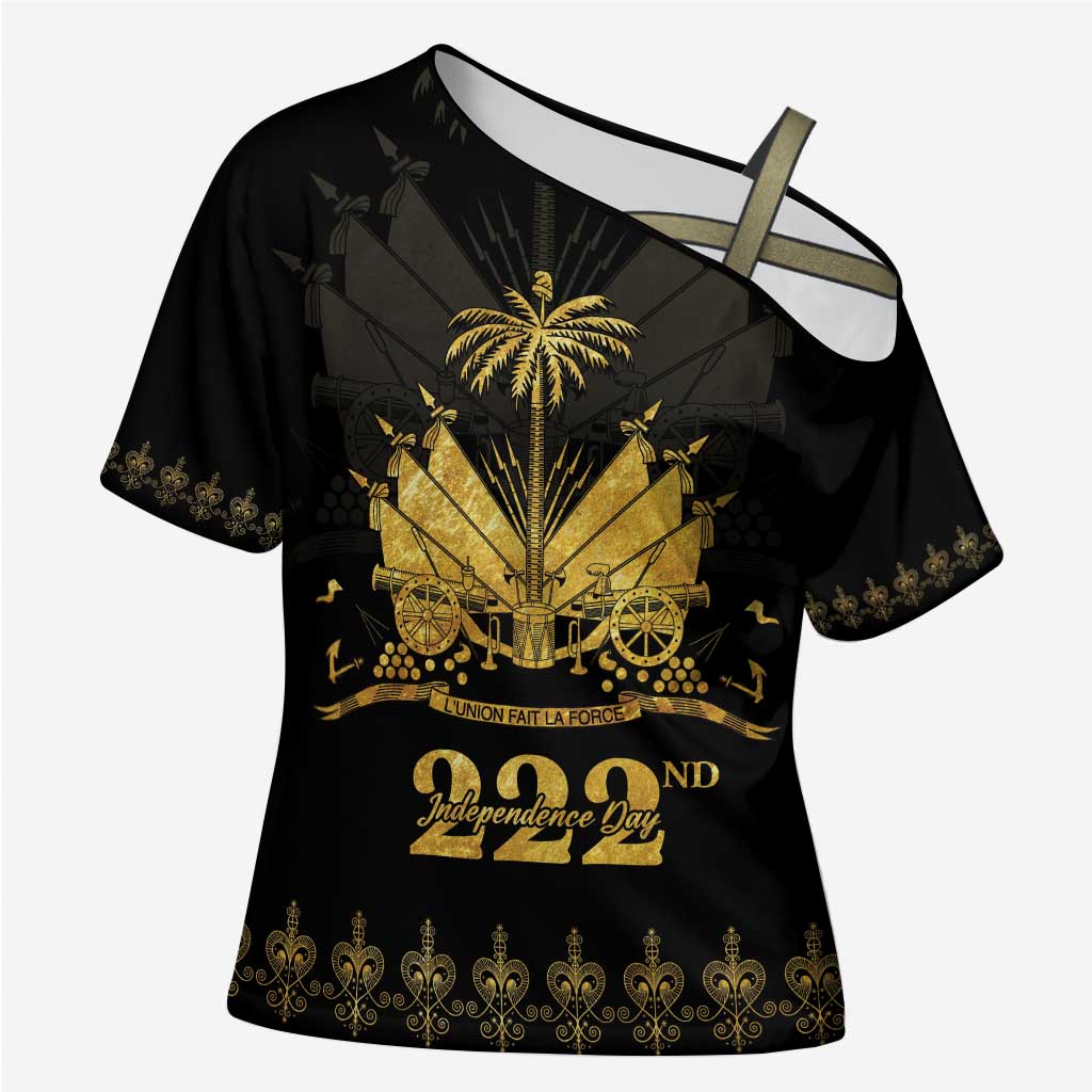 Ayiti 222nd Independence Day Anniversary Cross Shoulder Shirt Haiti Gold VeVe Pattern - African Pride