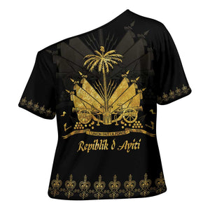 Ayiti 222nd Independence Day Anniversary Cross Shoulder Shirt Haiti Gold VeVe Pattern - African Pride