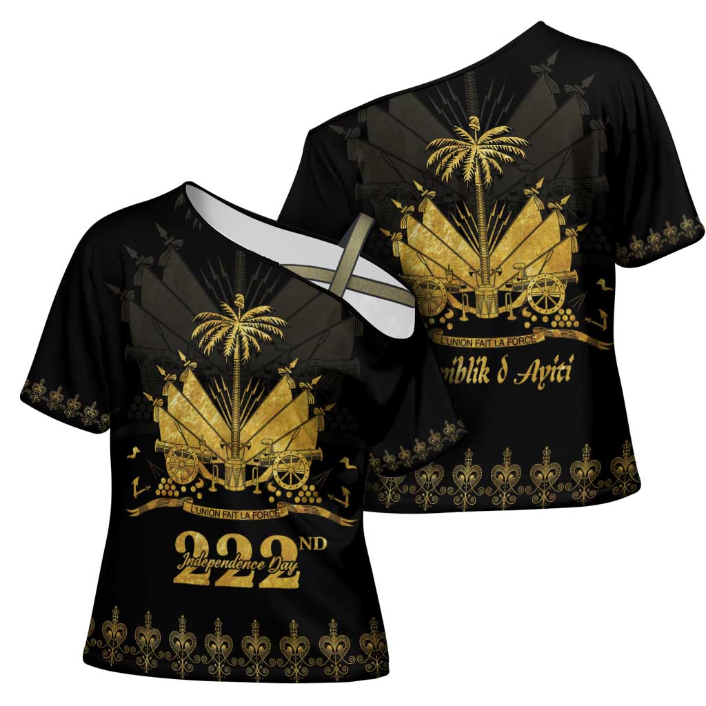 Ayiti 222nd Independence Day Anniversary Cross Shoulder Shirt Haiti Gold VeVe Pattern - African Pride