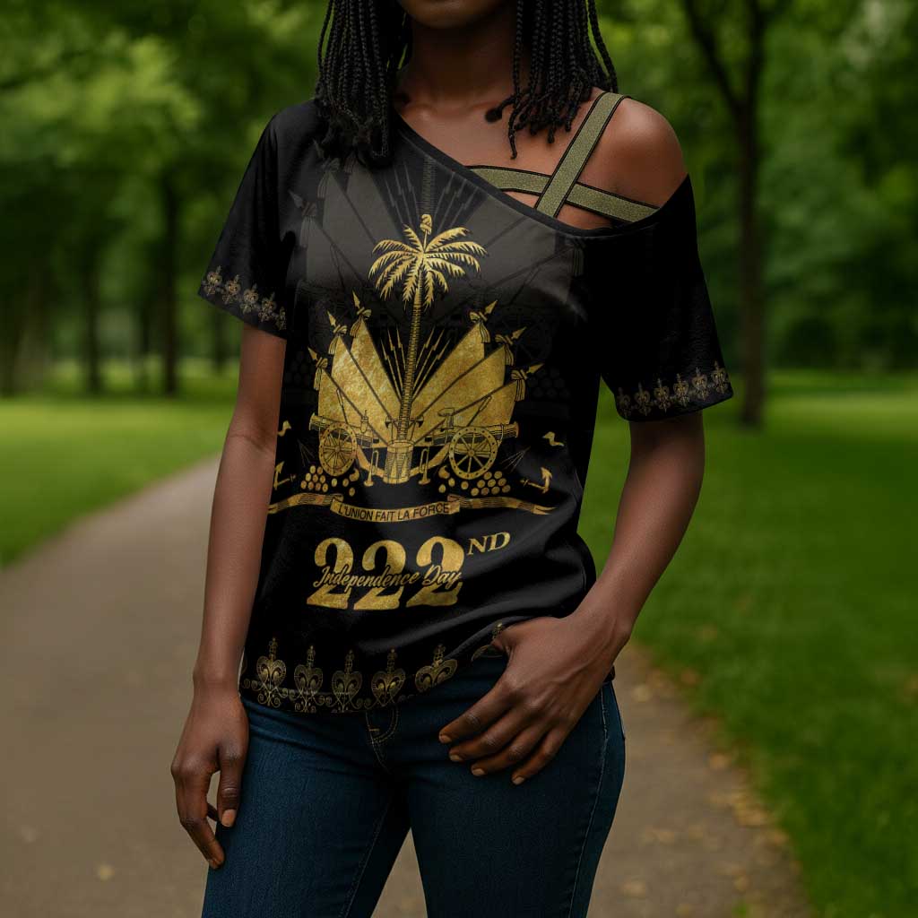 Ayiti 222nd Independence Day Anniversary Cross Shoulder Shirt Haiti Gold VeVe Pattern - African Pride