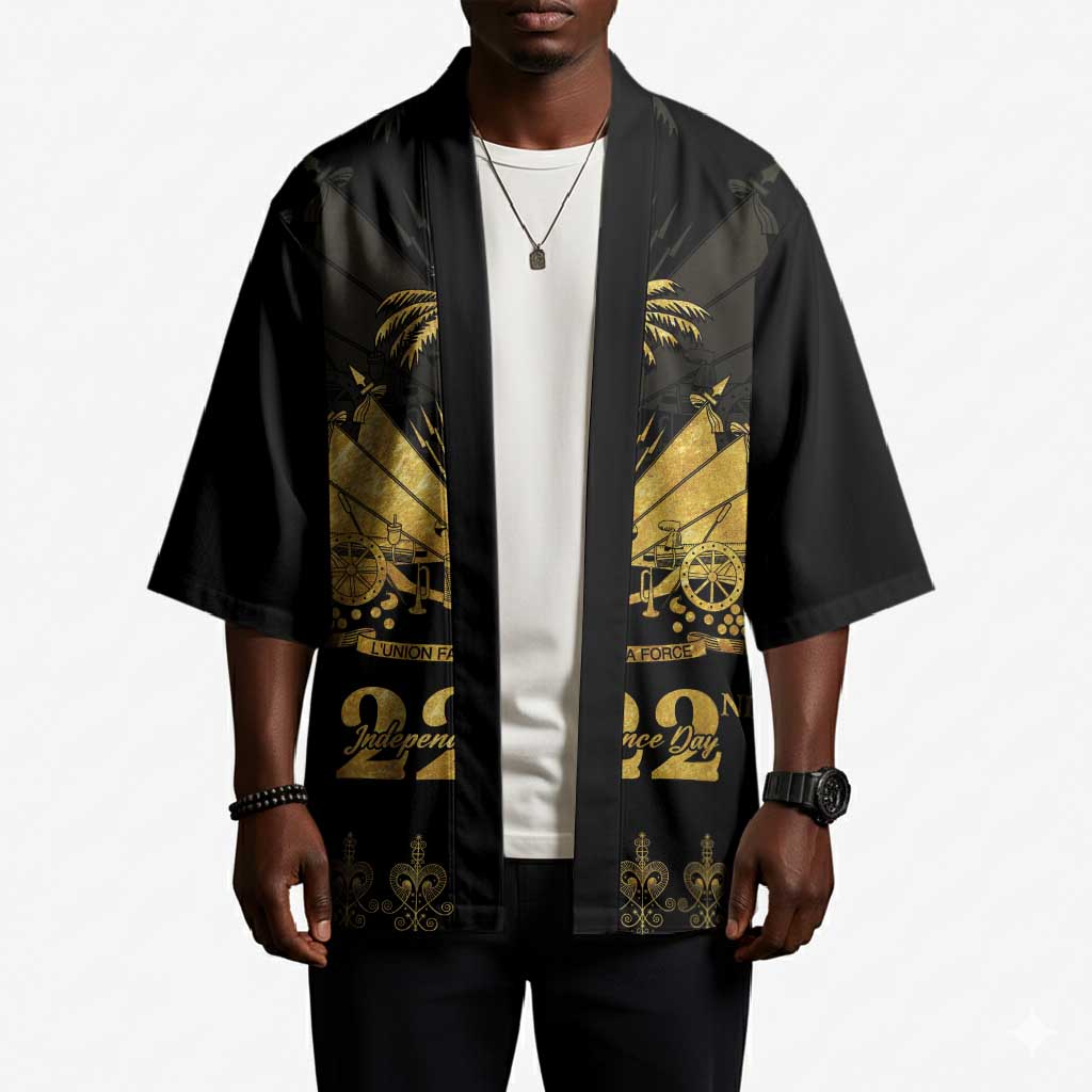 Ayiti 222nd Independence Day Anniversary Kimono Haiti Gold VeVe Pattern - African Pride