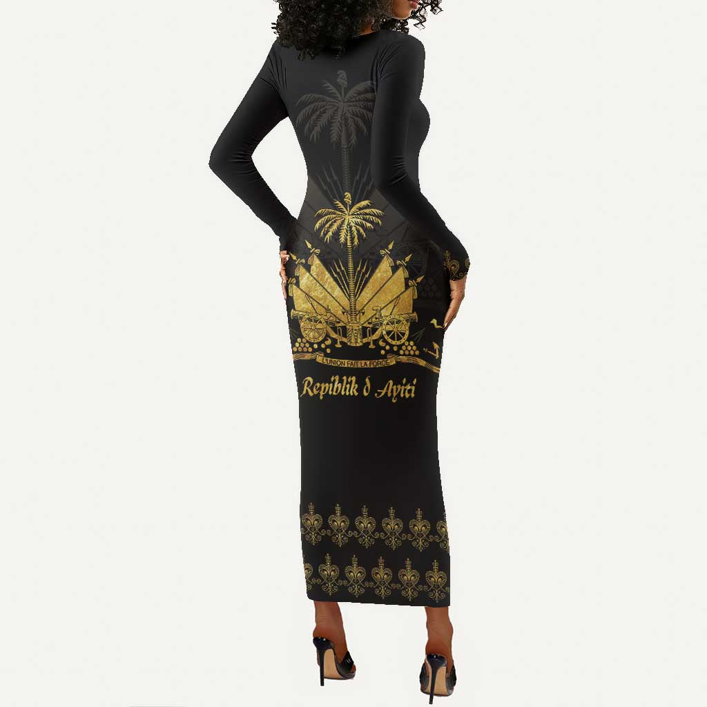Ayiti 222nd Independence Day Anniversary Long Sleeve Bodycon Dress Haiti Gold VeVe Pattern - African Pride
