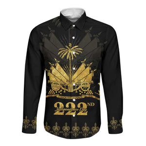 Ayiti 222nd Independence Day Anniversary Long Sleeve Button Shirt Haiti Gold VeVe Pattern - African Pride
