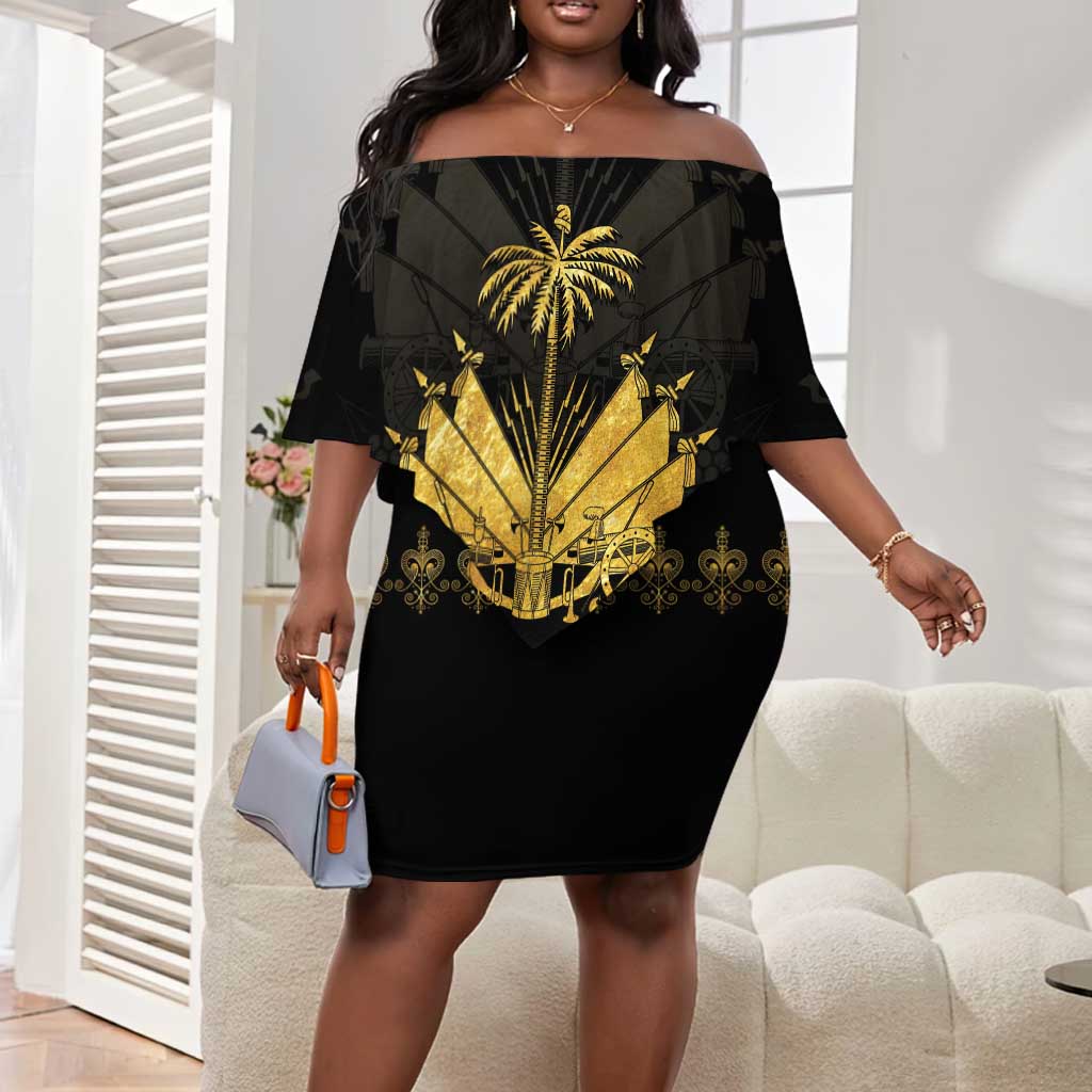 Ayiti 222nd Independence Day Anniversary Off Shoulder Short Dress Haiti Gold VeVe Pattern - African Pride