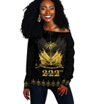 Ayiti 222nd Independence Day Anniversary Off Shoulder Sweater Haiti Gold VeVe Pattern - African Pride
