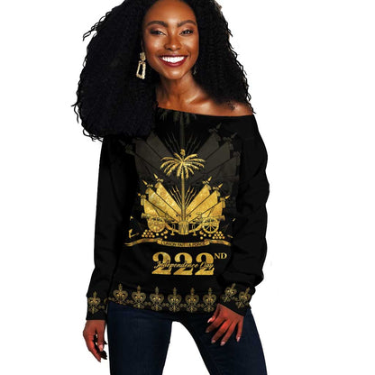 Ayiti 222nd Independence Day Anniversary Off Shoulder Sweater Haiti Gold VeVe Pattern - African Pride