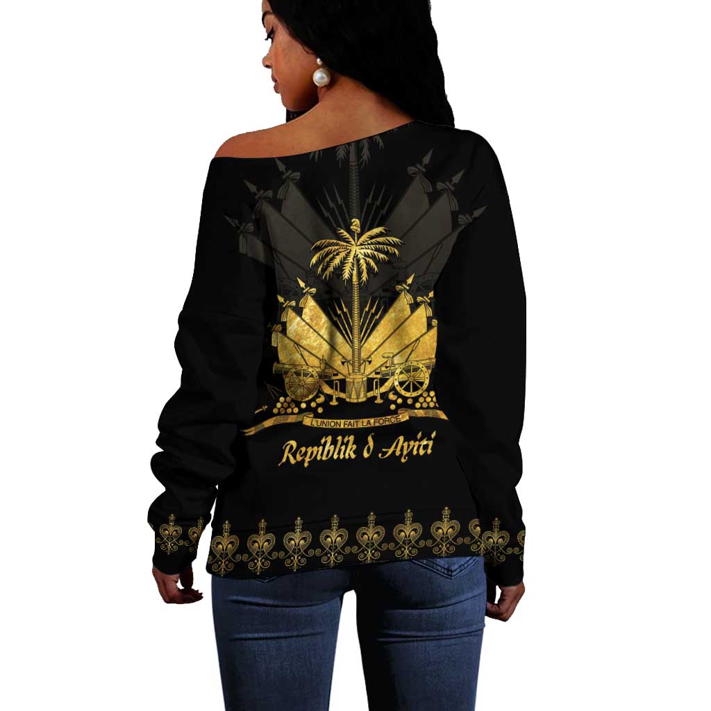 Ayiti 222nd Independence Day Anniversary Off Shoulder Sweater Haiti Gold VeVe Pattern - African Pride