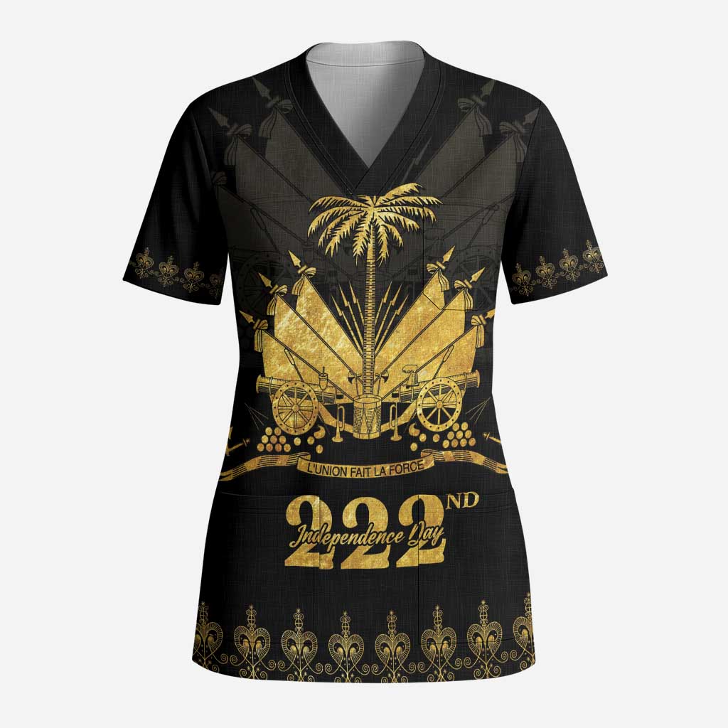 Ayiti 222nd Independence Day Anniversary Scrub Top Haiti Gold VeVe Pattern - African Pride