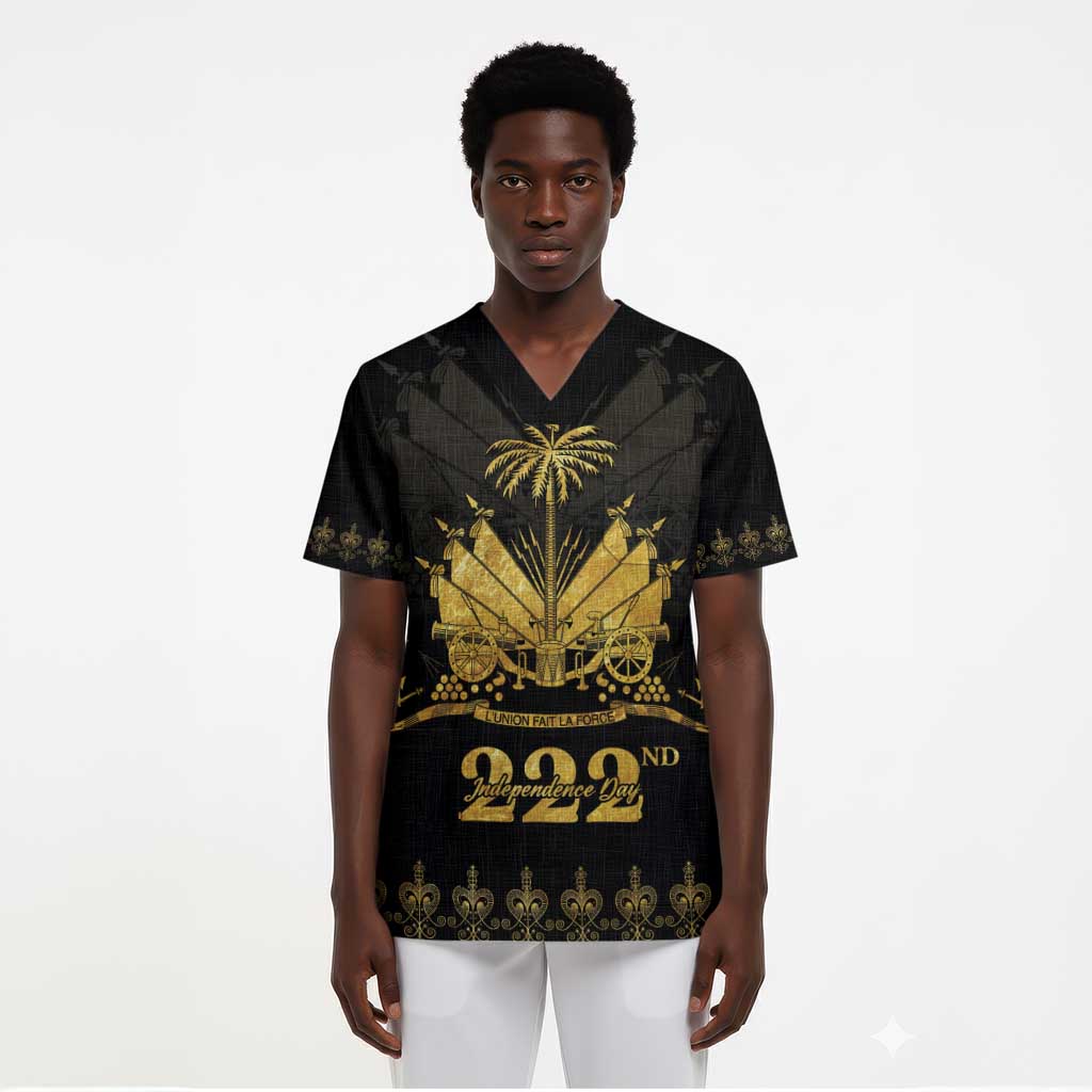 Ayiti 222nd Independence Day Anniversary Scrub Top Haiti Gold VeVe Pattern - African Pride