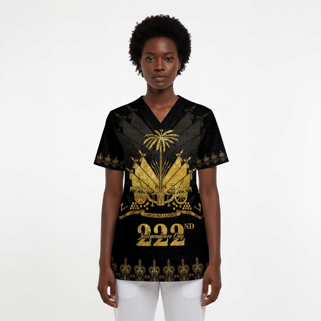 Ayiti 222nd Independence Day Anniversary Scrub Top Haiti Gold VeVe Pattern - African Pride