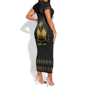 Ayiti 222nd Independence Day Anniversary Short Sleeve Bodycon Dress Haiti Gold VeVe Pattern LT01
