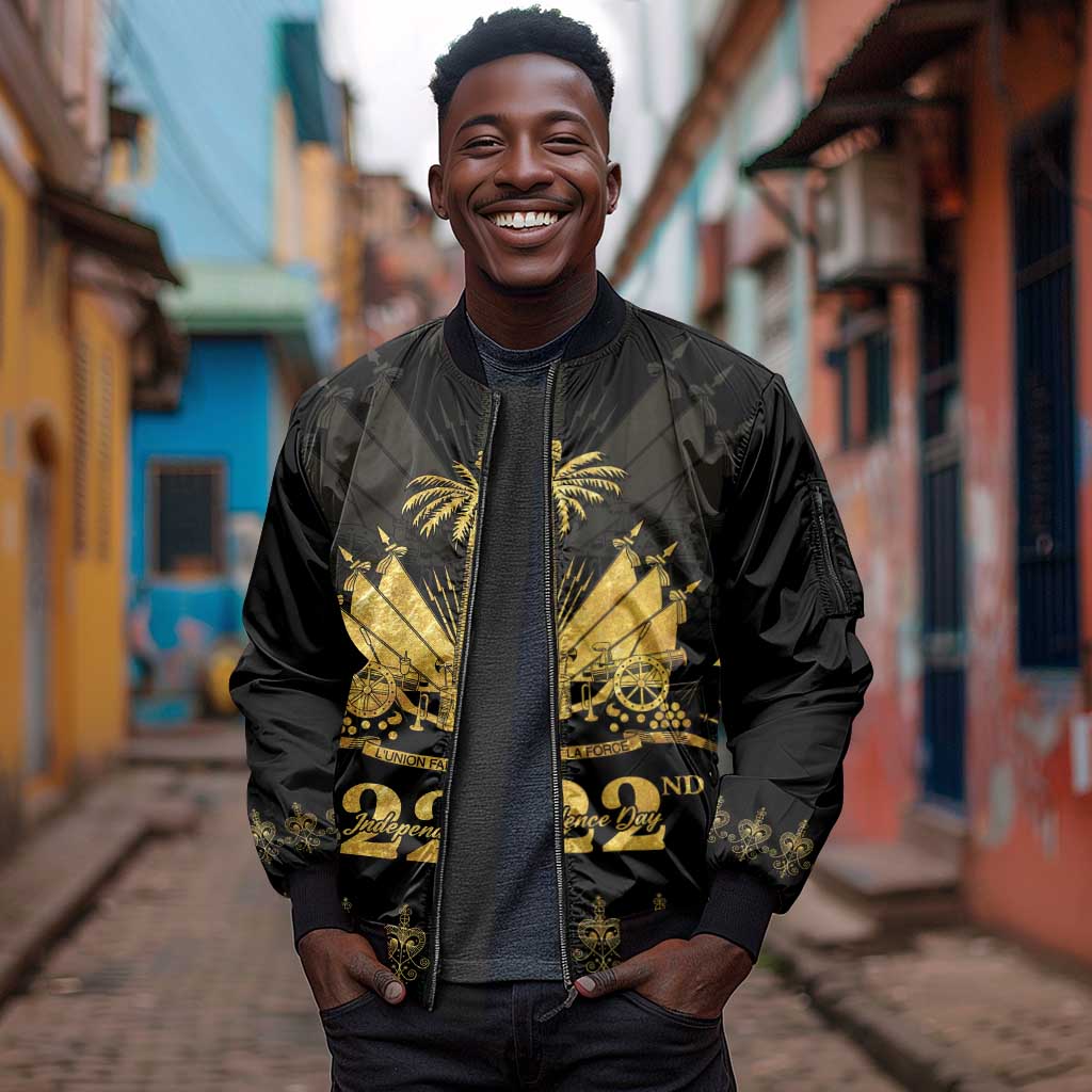 Ayiti 222nd Independence Day Anniversary Sleeve Zip Bomber Jacket Haiti Gold VeVe Pattern - African Pride