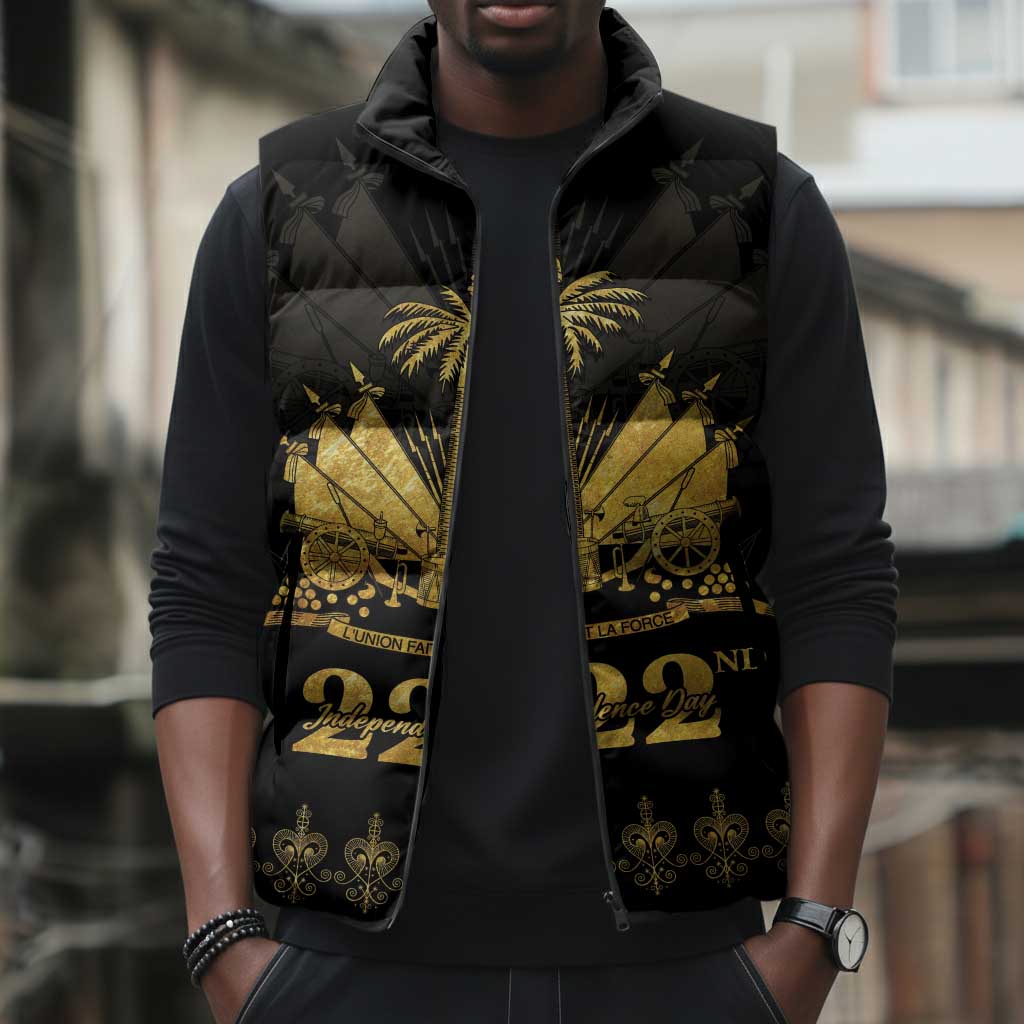 Ayiti 222nd Independence Day Anniversary Sleeveless Puffer Jacket Haiti Gold VeVe Pattern - African Pride