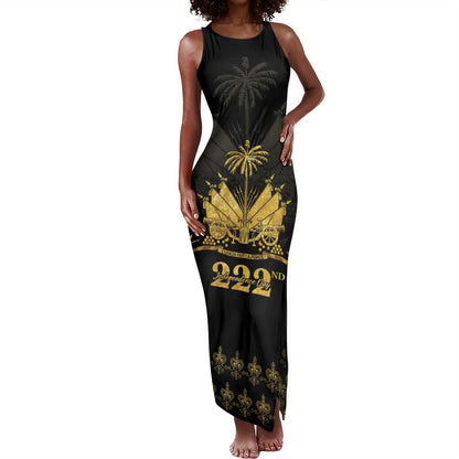 Ayiti 222nd Independence Day Anniversary Tank Maxi Dress Haiti Gold VeVe Pattern - African Pride