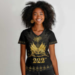 Ayiti 222nd Independence Day Anniversary Women V-Neck T-Shirt Haiti Gold VeVe Pattern LT01